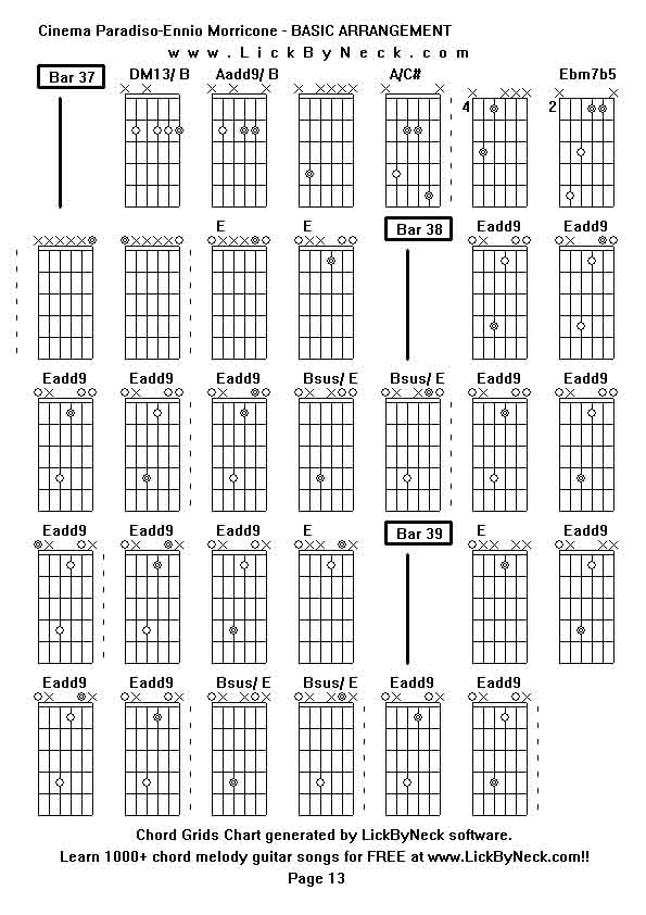 Chord Grids Chart of chord melody fingerstyle guitar song-Cinema Paradiso-Ennio Morricone - BASIC ARRANGEMENT,generated by LickByNeck software.